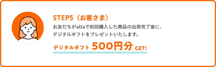 【STEP5】紹介したお客様には、お友だちがattaで初回購入した商品の出荷完了後に、500円分のデジタルギフトをプレゼントいたします。ご紹介は何度でも可能です。